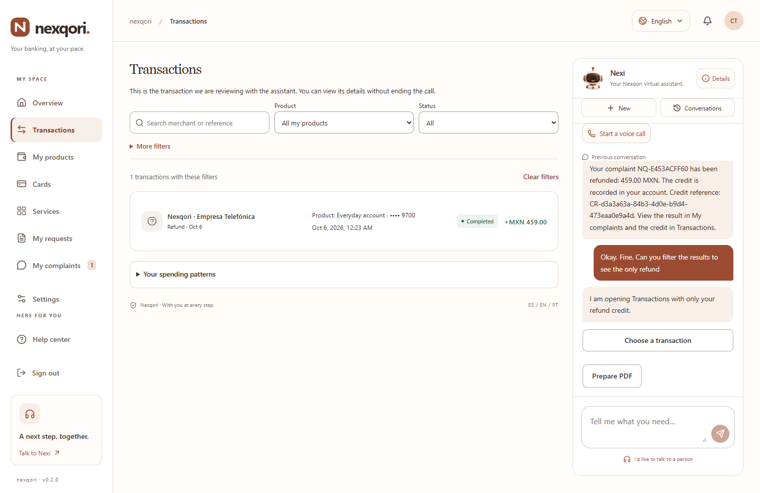Nexqori: consulta del abono de una devolución y conversación con Nexi.