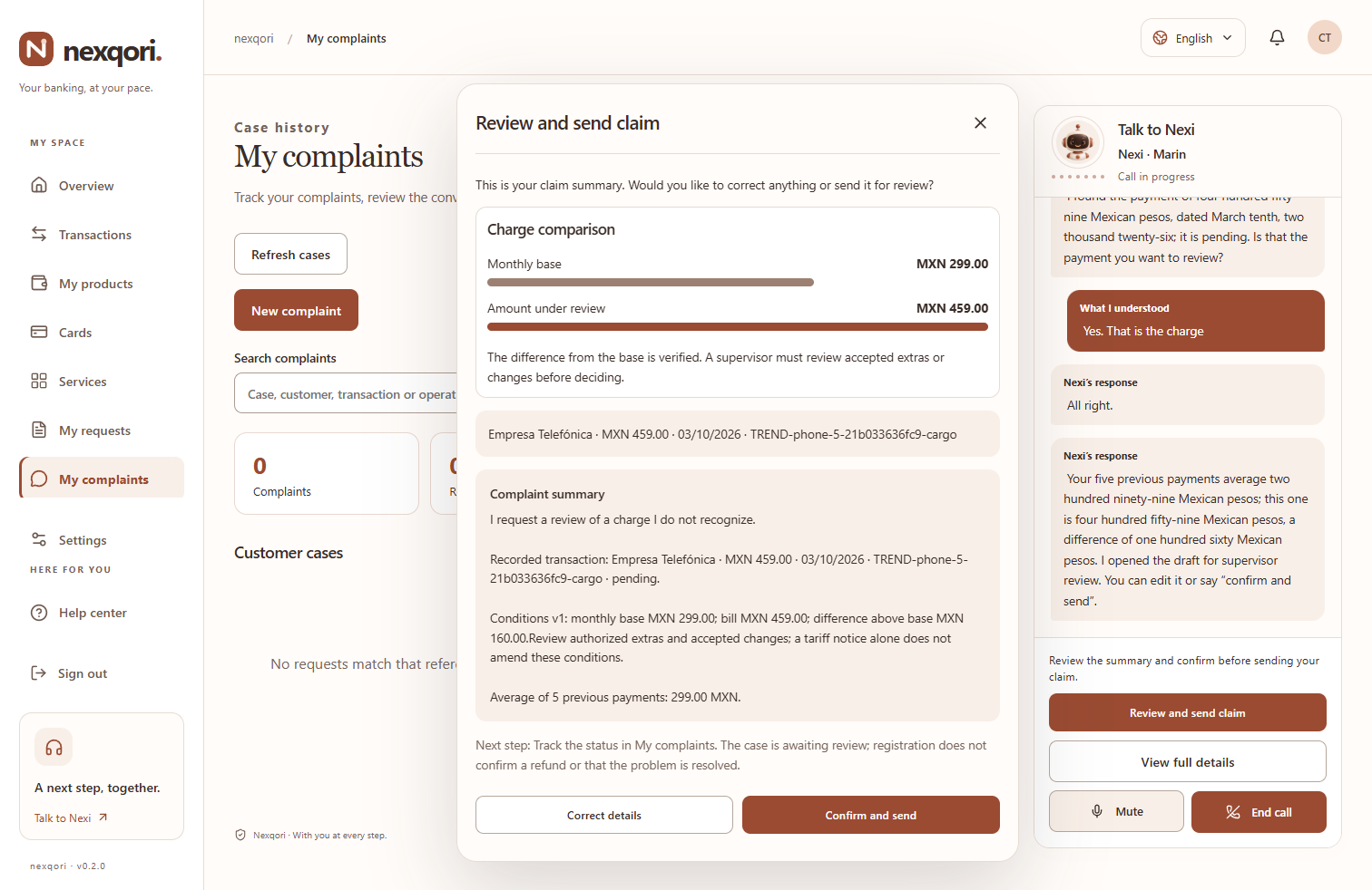 Nexqori: comparación de un cargo con pagos anteriores, borrador de reclamo y conversación por voz.